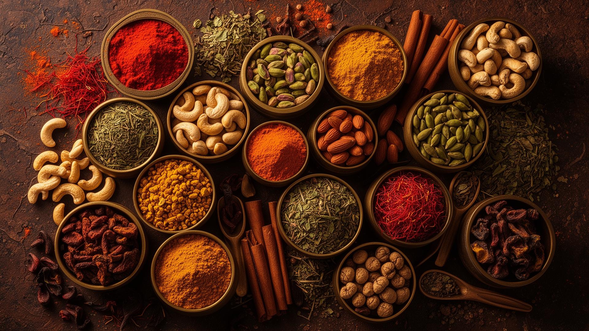 Spices, masalas, herbs and dry fruits in brass bowls on an earthy surface